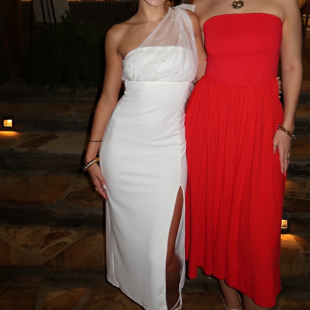 Lulu's White One Shoulder Mesh Pearl Midi Dress - Women’s